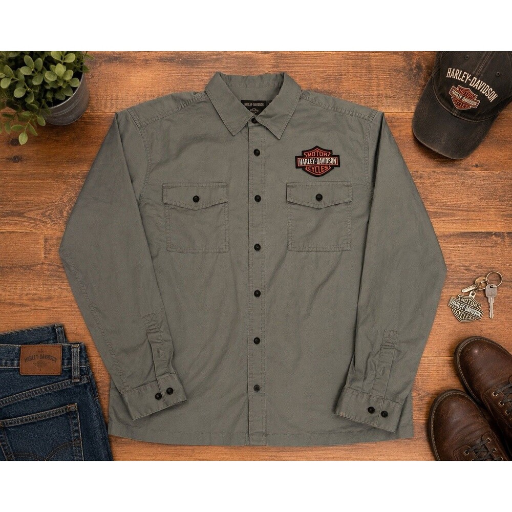 Harley-Davidson Men’s XL Gray Button Up Shirt Long Sleeve Embroidered Patch
